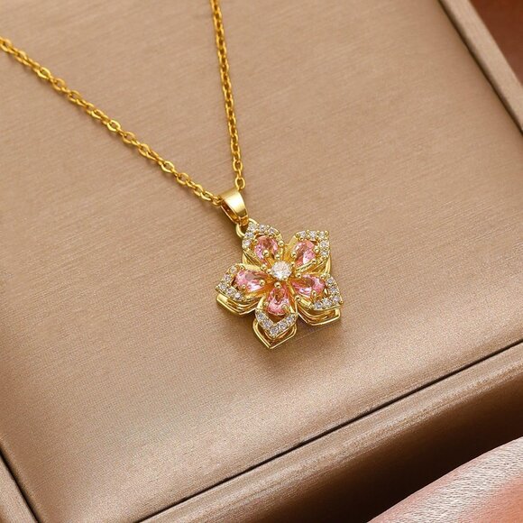 Women Gold Flower Fidget Pink Set Necklace Rotatable Crystal Blossom Pendant - Picture 2 of 7